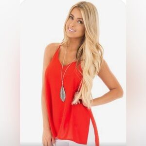 Poppy Red Chiffon V-Neck Tank with Side Slits Medium
